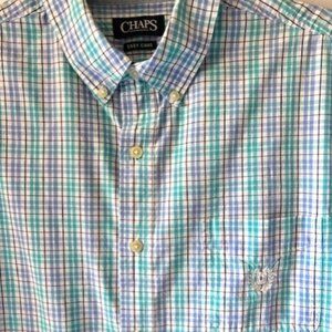 Chaps Mens L Easy Care Button Shirt Short Sleeve Blue Green Plaid Preppy Office